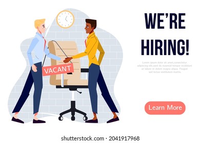 We are hiring banner design. Job vacancy vector poster. People shake hands. Boss hires new employee. Diverse team welcomes new staff member. Business recruiting creative concept.