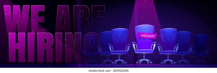 We are hiring banner with empty chair lit by lamp. Vector poster of job vacancy, hire staff with cartoon illustration of vacant seat. Concept of search and recruiting employees