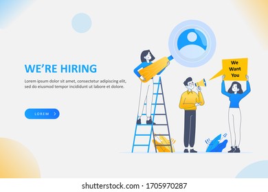 We are hiring banner, job offer concept, searching for candidates for work. People holding sign and megaphone for announcement, vector illustration