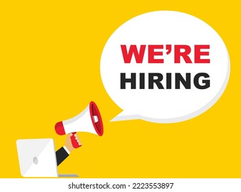 We are hiring banner with loudspeaker. Hiring recruitment announcement. Open vacancy speech poster. Join our team. Banner for marketing, advertising and business. Vector illustration.