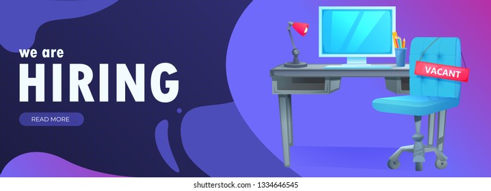 We are hiring banner with office workspace and sign vacant and inscription. Business recruiting concept. Vector cartoon illustration