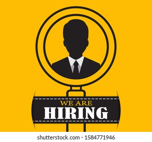 We are hiring banner or poster design with magnifier icon and businessman silhouette. Business recruitment concept. Advertisement design with open vacancy on yellow background. Vector illustration. 