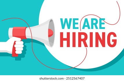 We are hiring banner template - loudspeaker in hand and message bubble - symbol oh HR, hiring, co-working