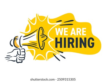 We are hiring banner template - yellow loudspeaker megaphone, and message bubble - symbol oh HR, hiring, co-working