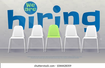 We are hiring banner. Vacant chairs near office wall. One of them has green color represent the hiring position to be recruited and filled. Vector illustration