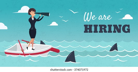 We are hiring banner. Vector illustration of businessman on boat watching through telescope. HR concept