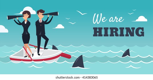 We are hiring banner. Vector illustration of businessman and businesswoman on boat watching through telescope. HR concept. Eps 8