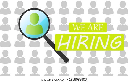  We are hiring banner. Web site banner to find employees. Green human icom and magnifier.