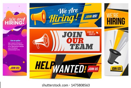 We are hiring banners. Join our team, vacancy promotional banner and hirings creative template. Worker employment hunter sign, business vacancy hire. Isolated vector illustration icons set