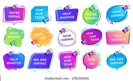 We are hiring banners. Join our team, help wanted inscription set with megaphone. Vacant job position with loudspeaker. Human resources offer for recruitment, work opportunity vector illustration