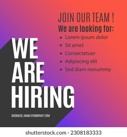 We Are Hiring big white letters on gradient colors. Isolated Object. The business concept of search and recruitment, Banner, Poster, Print. Template Text Box Design. Vector.