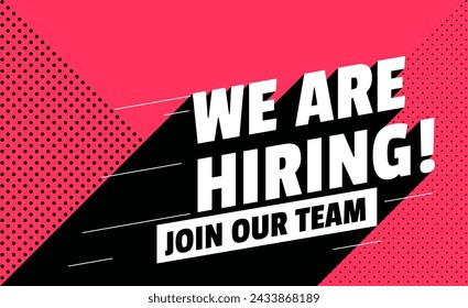 We Are Hiring big white letters and long black shadow on pink background. Isolated Object. The business concept of search and recruitment, Banner, Poster, Print. Template Text Box Design. Vector.