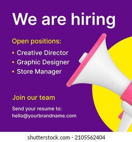 We Are Hiring Business Employee Vacancy Announcement With Megaphone 3d Icon Promo Post Vector Illustration. HR Recruitment Advertising Personnel Wanted With Place For Text And Loudspeaker