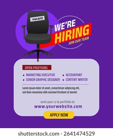 We are hiring business employee vacancy announcement with office chair vector illustration