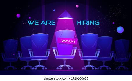 We are hiring cartoon banner with vacant chair under spotlight. Hire job announcement for candidates, head hunting, Human resource research, employment, recruiting concept. Vector illustration, poster