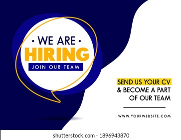 We are hiring colorful banner design template with speech bubble and abstract shapes. Recruitment typographic design concept for job offer, vacancy, hiring advertising. Vector illustration