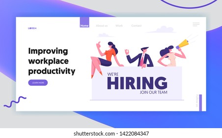 We are Hiring Concept Banner with Business People. Join Our Team. Vacancy, Recruitment, Job Hiring, Agency Interview, Human Resources with Man and Woman. Vector flat illustration