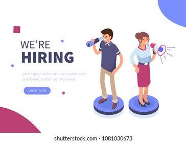 
We are hiring concept banner. Can use for web banner, infographics, hero images. Flat isometric vector illustration isolated on white background.