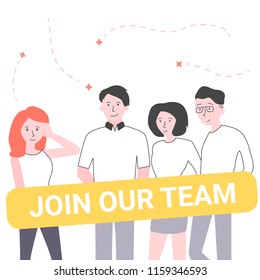 We are hiring concept banner. Can use for web banner, infographics, hero images. Group of colleagues invites to join the team. Illustration on white background
