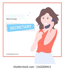 We are hiring concept banner for social networks. Search for an employee for "secretary". Cute girl is answering a phone call Join the team!