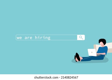 We are hiring concept Businesswoman using laptop to find job. l works at a laptop. woman browsing work opportunities online using job search