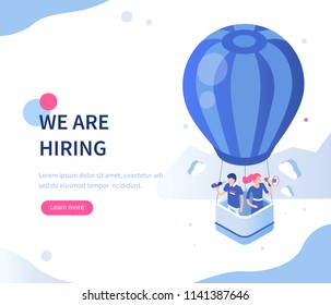 We are hiring concept with character. Can use for web banner, infographics, hero images. Flat isometric vector illustration isolated on white background.