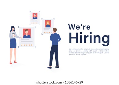 We are hiring concept with corporate recruiters choosing employee candidates illustration