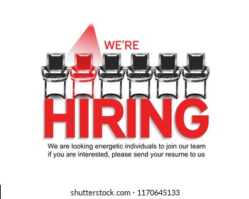 We are hiring concept design with chair hand drawing style white background. One of them has red color in spotlight represent the hiring position to be filled