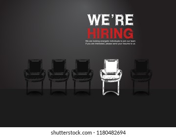 We are hiring concept design with chair hand drawing style black background. One of them has white color represent the hiring position to be filled