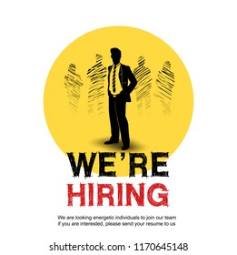 We are hiring concept design with chosen businessman in circle yellow background for recruiting poster. Vector illustration with hand drawing style