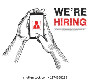 We are hiring concept design hand holding mobile phone with red businesswoman icon. Vector illustration for recruitment purpose. Hand drawing style
