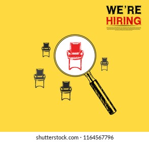 We are hiring concept design magnifying glass choosing red chair on yellow background