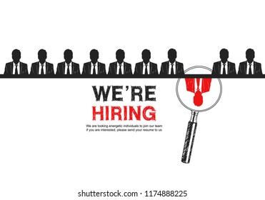 We are hiring concept design with magnifying glass choosing businessman from other candidates hand drawing style