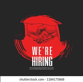 We are hiring concept design with red brush and shaking hands. Vector illustration hand drawing style