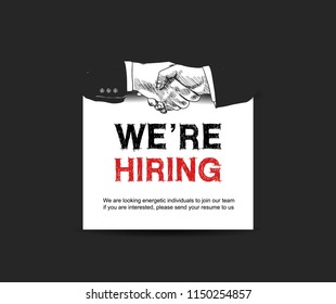 We are hiring concept design with shaking hands. Vector illustration hand drawing style on black background. 