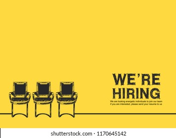 We are hiring concept design with three chair connected with line hand drawing style yellow background.