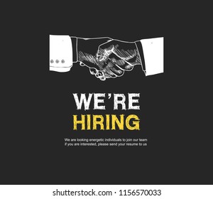 We are hiring concept design with white shaking hands. Vector illustration hand drawing style on black background