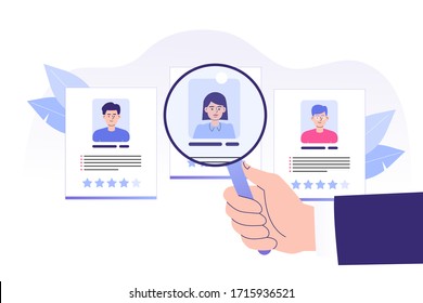 We are hiring concept. Hand pointing big magnifier to perfect candidate. Job hiring. Online recruitment and headhunting agency concept. Interview. Hiring employees. Web banner. Vector illustration 