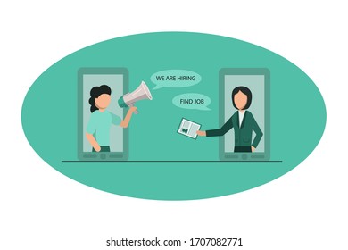 We are hiring concept. HR with megaphone announces vacancy and recruiter with cv from phone screen. vector illustration
