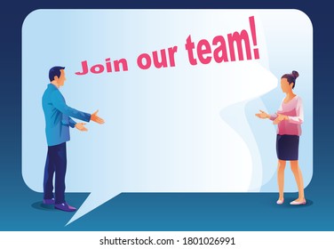 We are Hiring Concept with Huge Loudspeaker and Business People. Recruitment Agency Interview with Candidates. Human Resources with Megaphone. Join together in team work dream team Vector illustration