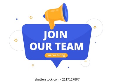 We are hiring concept. Job vacancy advertisement in speech bubble with speaker. Geometric banner design vector illustration