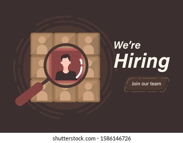 We are hiring concept with magnifying glass and employee candidate illustration