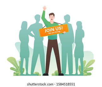 We are hiring concept with man holding join us banner