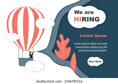 We are hiring concept with men hold telescope on balloon air.Paper cut style