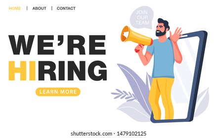 We are hiring concept. Recruitment agency. Man shouting on megaphone with join our team word. Big smartphone screen. Landing page template. Vector illustration.