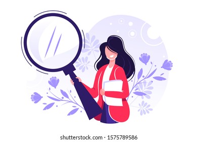 We are hiring concept, Recruitment Zoom Magnifying Glass, Candidate, The choice of the best suited employee, Looking for talent. Businessman searching in internet Vector illustration for web banner