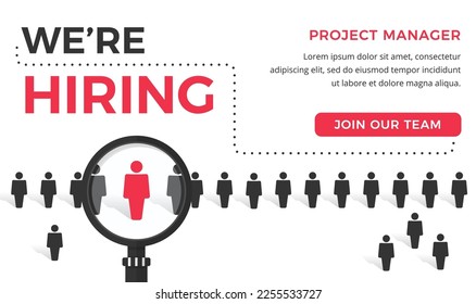 We are hiring concept with row of people with one red person under the magnifying glass, vector eps10 illustration