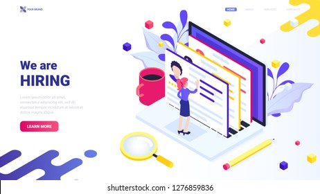 We are hiring concept for website, landing, page, banner. Web design concept. Trendy vector isometric illustration with tiny character and floral elements, isolated on white background.