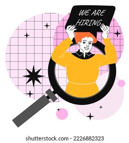 We hiring concept. Woman with magnifying glass. HR manager looking for candidates for vacancy. Expansion of company headquarters. Poster or banner for website. Cartoon flat vector illustration