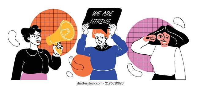 We hiring concept. Women with loudspeaker, tablet and magnifying glass. Staff expansion, recruitment in company. HR managers and workers. Poster or banner for website. Cartoon flat vector illustration